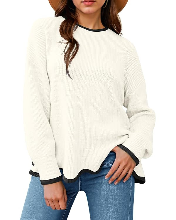 Saodimallsu Womens Contrast Color Pullover Sweaters Crewneck Knit Tops with Wave Hem Long Sleeve ... | Amazon (US)