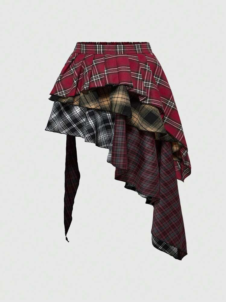 ROMWE Grunge Punk Spring/Summer Plus Size Women Grunge Vintage Grungy American Plaid Patchwork As... | SHEIN