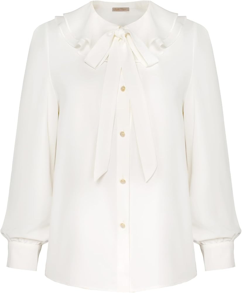Belle Poque Women's Long Sleeve Button Down Shirts Vintage Ruffle Collar Loose Blouse Top Office ... | Amazon (UK)
