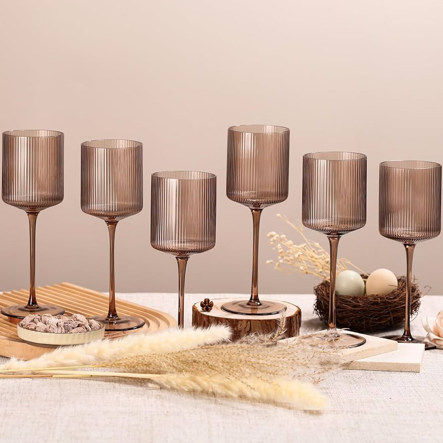 Smokey Gray Square Wine Glasses Set of 6, Elegant Ribbed Design Colored Crystal Glassware with Lo... | Amazon (US)