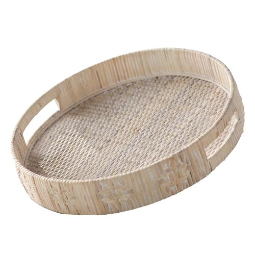 HuiDao Round Rattan Tray, Woven Decorative Trays for Coffee Table, Wicker Serving Trays with Handles for Home and Kitchen Decor 11.8 inch | Amazon (US)