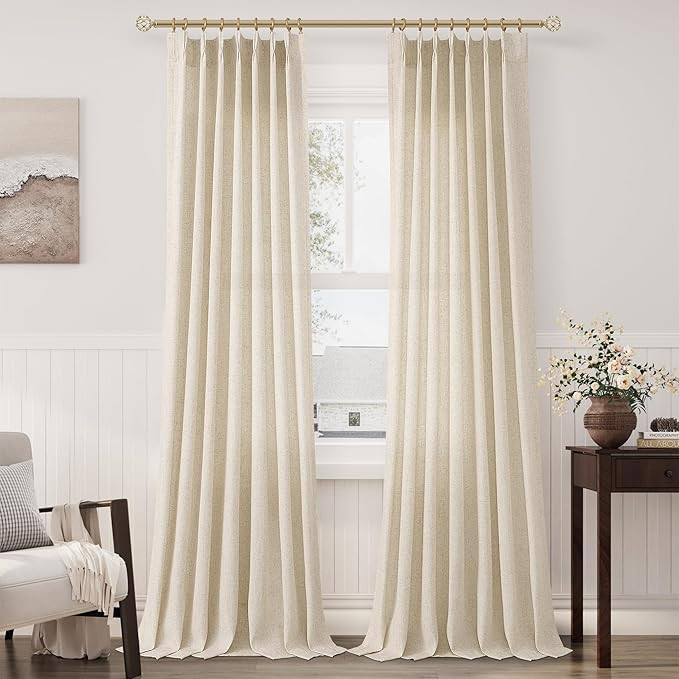 Pinch Pleat Linen Curtains 90 Inches Long for Living Room Light Filtering Burlap Flax Back Tab Pl... | Amazon (US)