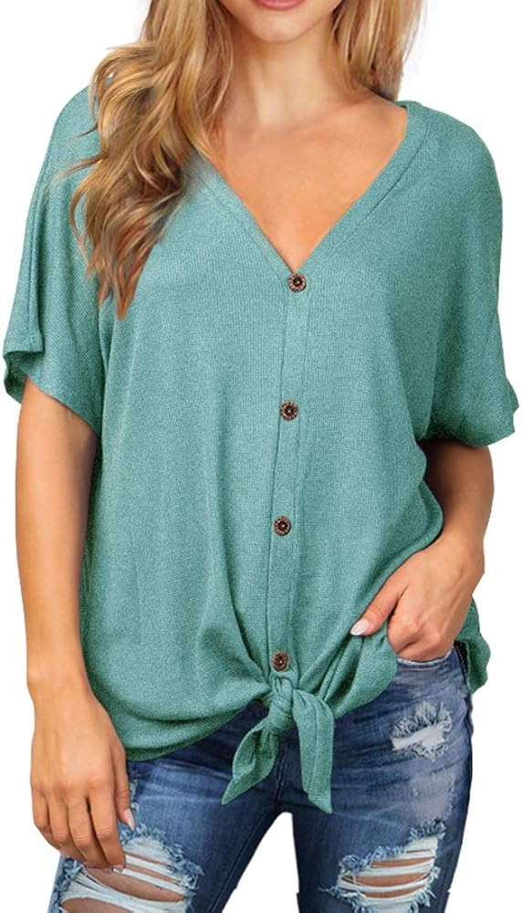 Womens Waffle Knit Tunic Blouse Tie Knot Short Sleeve Henley Tops Loose Fitting Bat Wing Shirts | Amazon (US)
