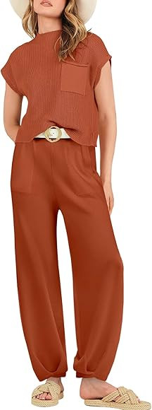 ANRABESS Women's Two Piece Outfits Sweater Sets Knit Pullover Tops and High Waisted Pants Tracksu... | Amazon (US)