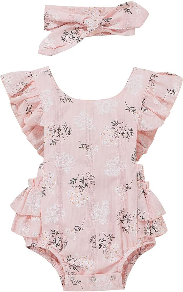 Baby Girls Daisy Playsuits Ruffled Bodysuit+Headband Print Fly Sleeve Romper Floral Jumpsuit Infant  | Amazon (US)