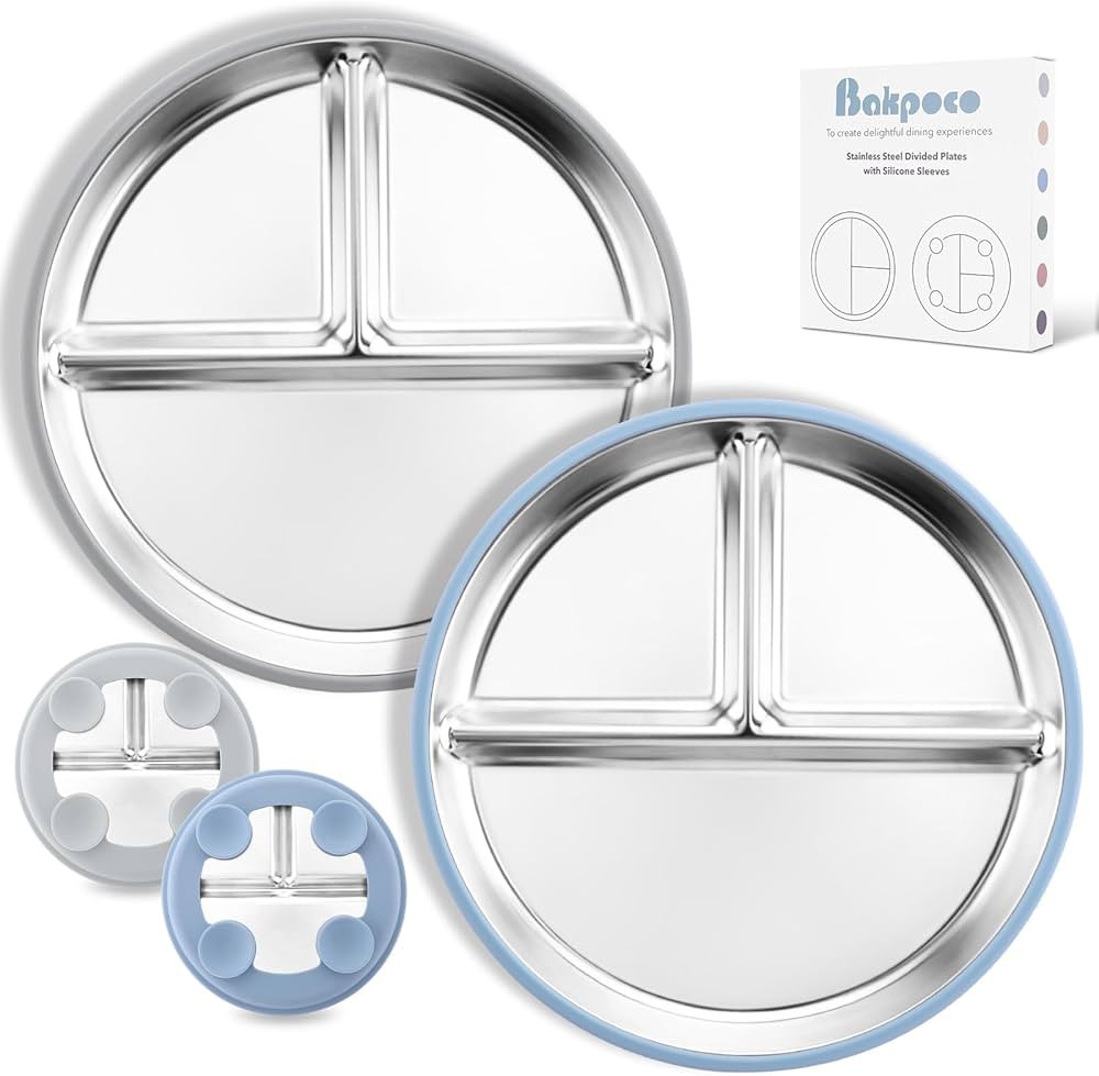 Stainless Steel Toddler Plate with Suction, 9” Divided Plates with Removable Silicone Sleeves f... | Amazon (US)