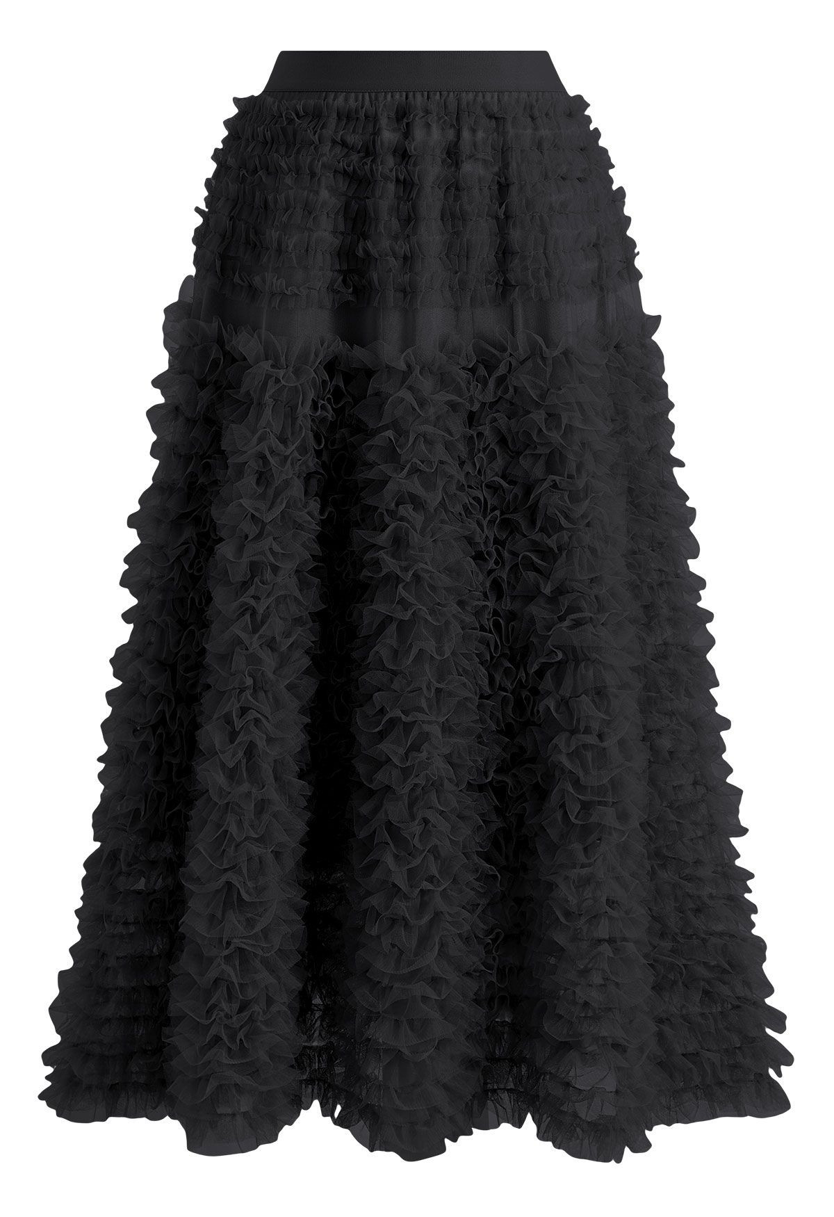 Cloud-Like Tiered Ruffle Tulle Maxi Skirt in Black for Wedding Guest & Bridal Events | Chicwish