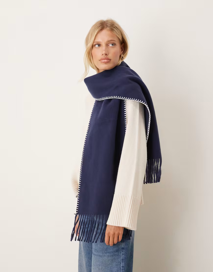 ASOS DESIGN oversized woven scarf with blanket stitch in navy-Red | ASOS (Global)
