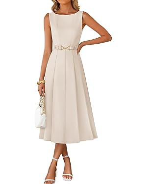 ZESICA Women Summer Sleeveless Midi Dresses 2026 Elegant Boat Neck A Line Tie Waist Spring Cockta... | Amazon (US)