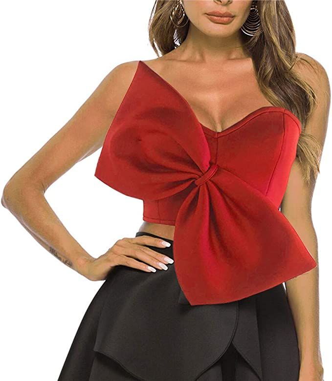 AOMEI Women's Red Bow Tie Tube Tops Bra Strapless Backless Crop Tank Top, L at Amazon Women’s C... | Amazon (US)