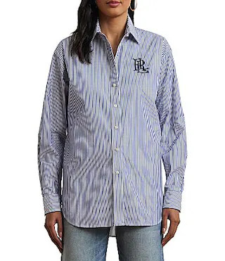 Lauren Ralph Lauren Petite Size Stripe Stretch Cotton Point Collar Long Sleeve Embroidered Logo Shirt - PS | Dillard's