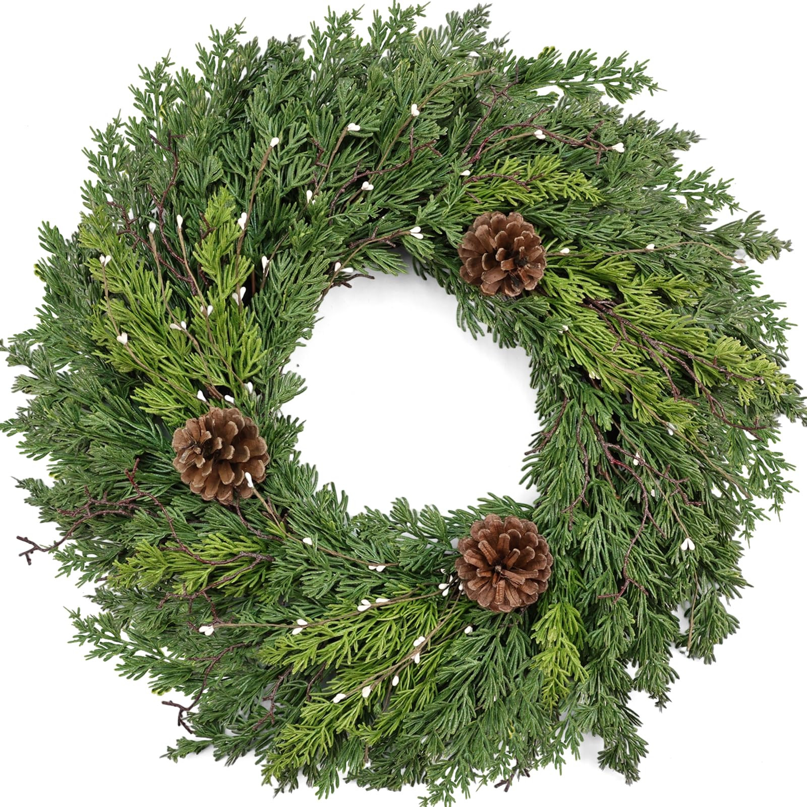 24 Inch Real Touch Lush Christmas Wreaths for Front Door with White Berries/Pine Cone Outdoor Chr... | Amazon (US)