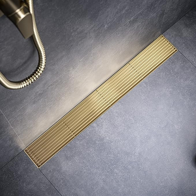 Linear Shower Drain 24 Inch, Brushed Gold 304 Stainless Steel Rectangular Shower Drain, 51L/Min F... | Amazon (US)