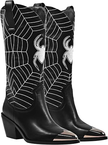 MissHeel Mid Calf Cowgirl Boots Embroidered Block Chunky Heel in Pink Silver | Amazon (US)