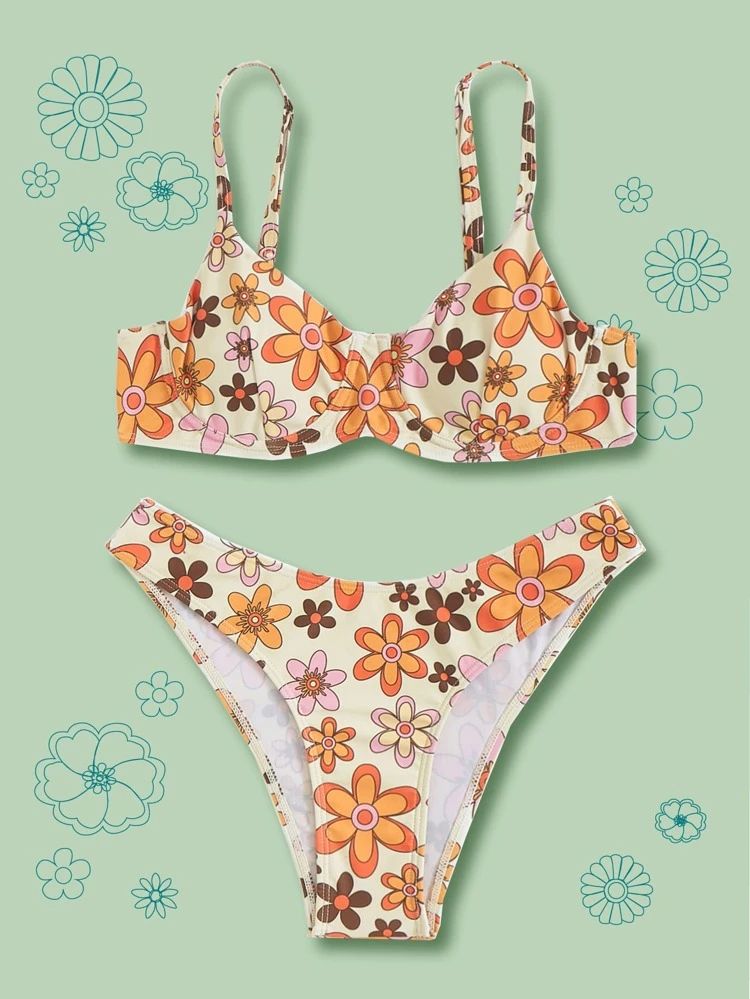 ROMWE X Goldendazeillustration Floral Print Bikini Swimsuit | SHEIN
