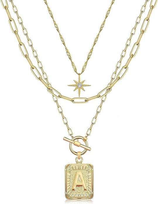 MJartoria Layered Initial Necklaces for Women Trendy, 14K Gold Plated Simple Star Choker Square L... | Amazon (US)