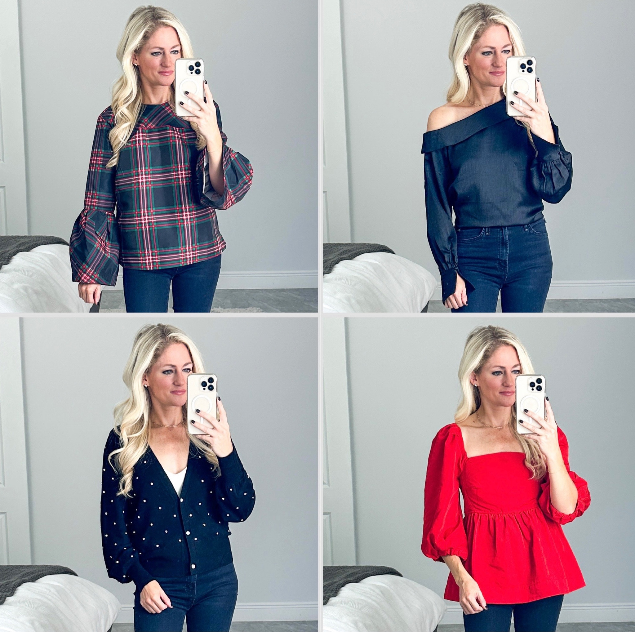 Walmart holiday tops! Everything comes in more color options. The plaid and red tops have structure. Satin one shoulder black top I’m wearing XXS, button detail on sleeve. Rhinestone sweater to wear by itself or over a dress! 

#LTKstyletip #LTKfindsunder50 #LTKHoliday