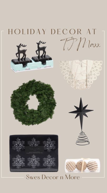 Neutral Holiday decor still in stock at TJ Maxx! Black star tree topper, acrylic snowflake ornaments, neutral tree skirt, reindeer stocking holders, jute ornaments and a full bodied green wreath  

#LTKunder50 #LTKhome #LTKHoliday