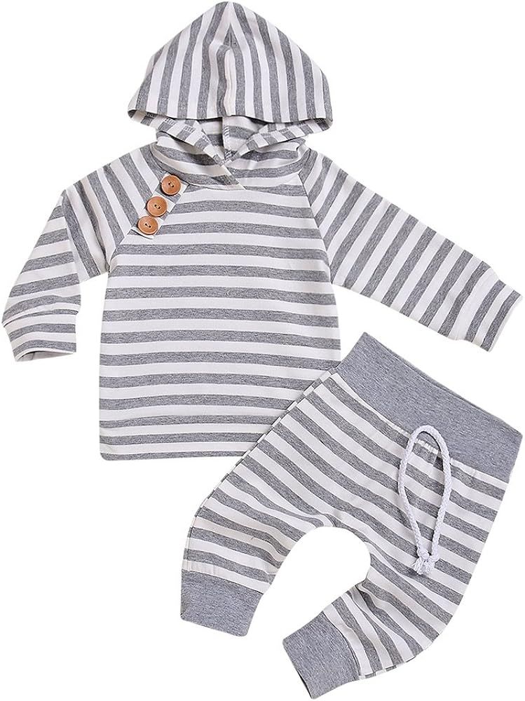 Newborn Baby Boys Girls Hooded Sweatshirt T-Shirt Tops+Striped Pants Kids Outfits Clothes Set | Amazon (US)