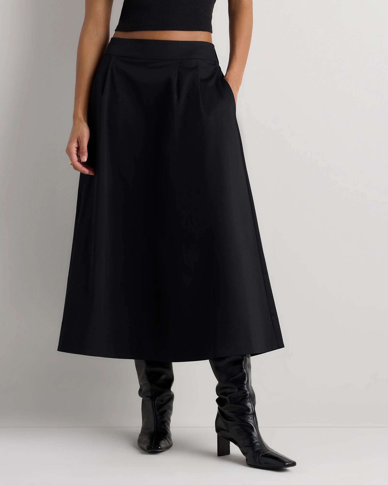 Quince | Women's Sateen A-line Midi Skirt in Deep Navy, Size Large, Cotton Sateen | Quince