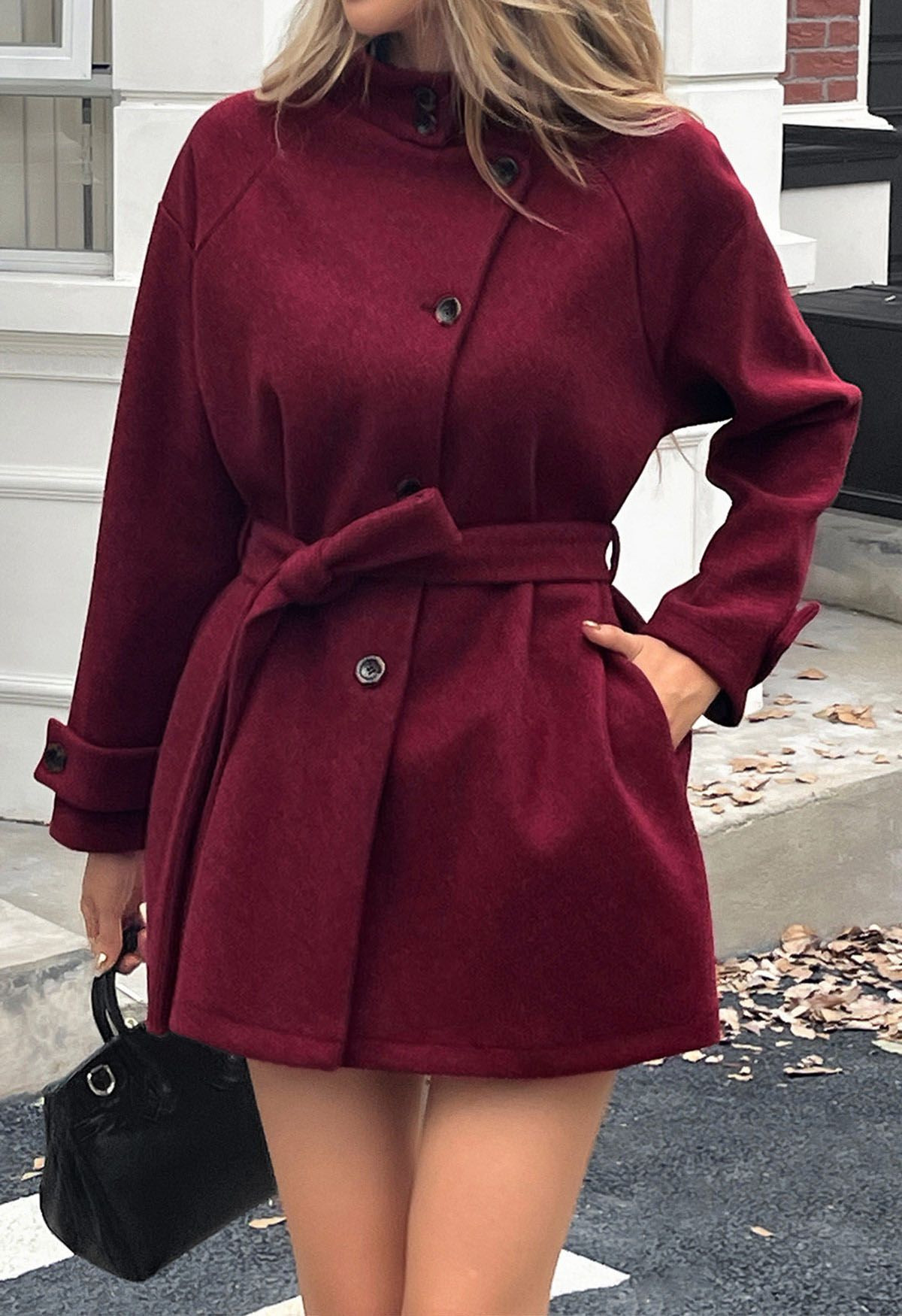 Discreet Elegance Collared Tie-Waist Buttoned Coat in Burgundy | Chicwish