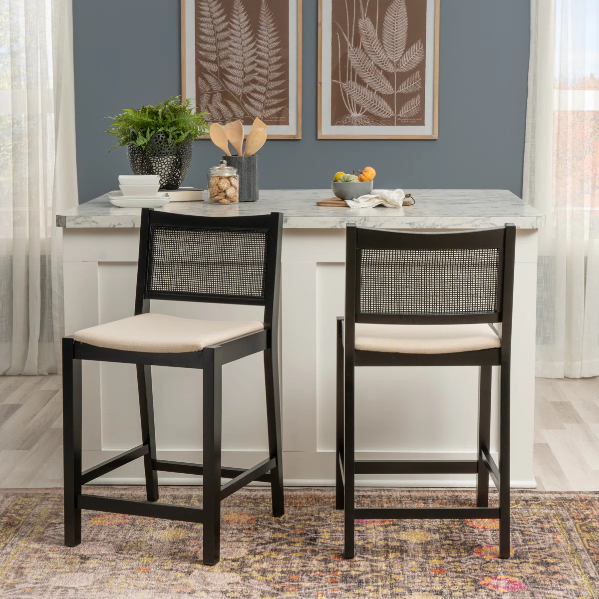 Lummie 19" W Square Upholstered Stool with Cane Back  (Set of 2) | Wayfair North America