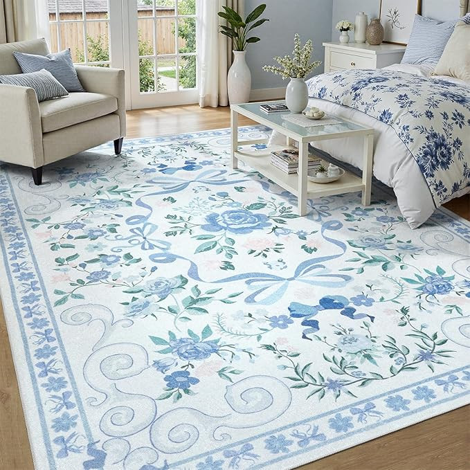 DCX Washable 5x7 Bow Rug, Blue Floral Rug for Girls’ Bedroom, Cute Soft Low Pile Indoor Décor ... | Amazon (US)
