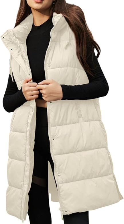 PUWEI Long Puffer Vest Women Quilted Hooded Vest Padded Sleeveless Coat Jackets With Pockets | Amazon (US)