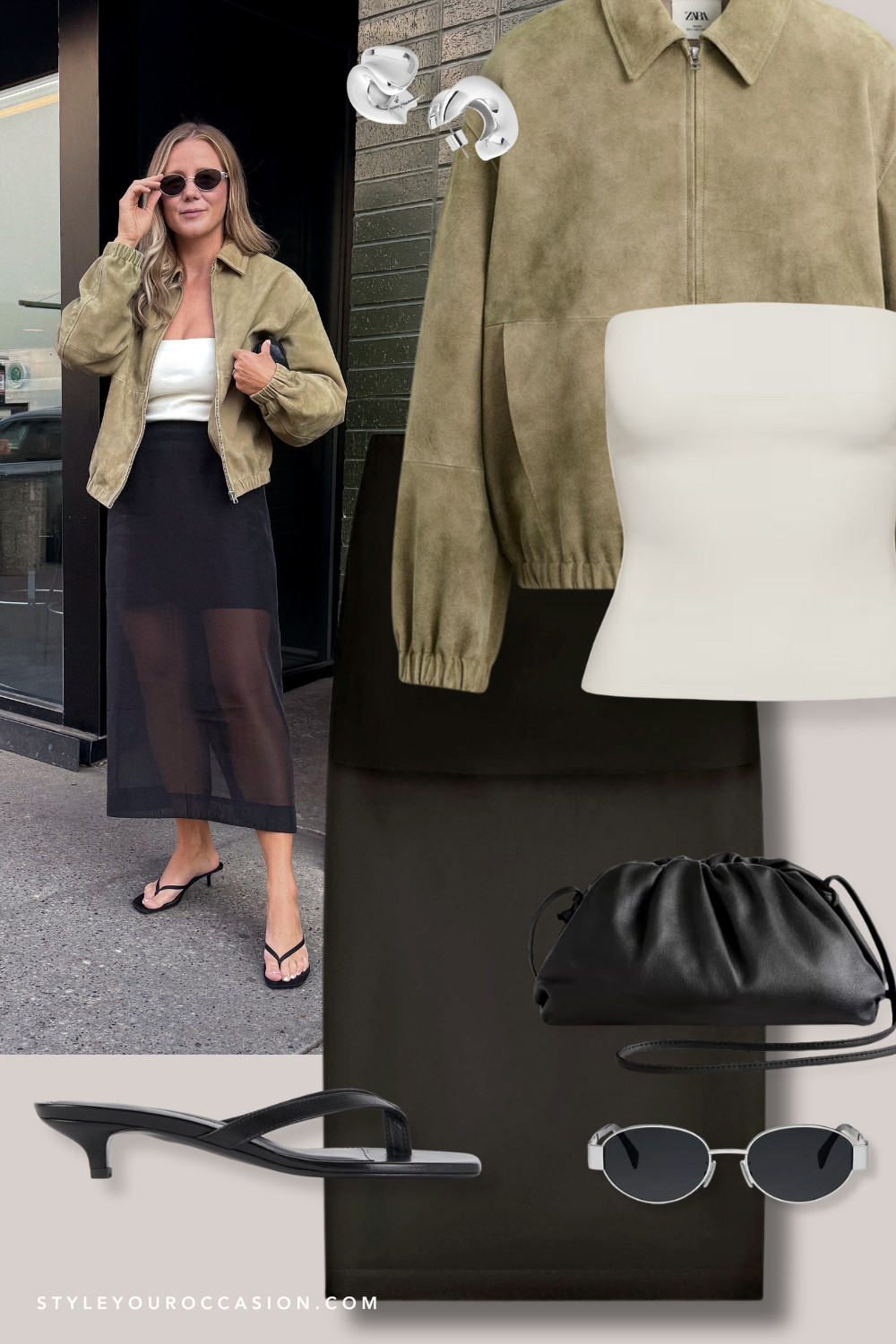 30 days of fall outfit ideas - day 13: the cutest early fall date night outfit when the weather is still warm enough for sandals, but a suede jacket adds a fall touch! Also love this sheer midi skirt from Oak + Fort (linked similar options below!) Jacket is mens Zara, now sold out but also linked similar!  

 #LTKSeasonal #LTKFindsUnder100 #LTKShoeCrush