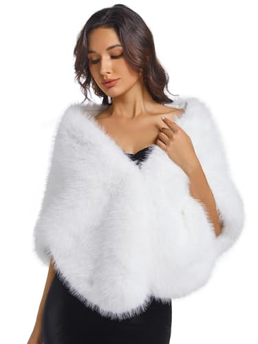 LuHaKiDu Faux Fur Wedding Shawl Wrap for Women White Thick Scarf Winter Warm Outerwear Double Hook Adjustment Suitable For Both Fat And Thin(White, One-size) | Amazon (US)