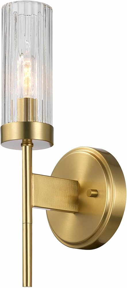 GLOBE Electric 1-Light Wall Sconce, Matte Brass, Ribbed Clear Glass Shade, E12 Candelabra, Dimmab... | Amazon (US)