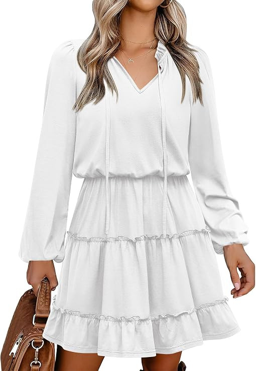 Caracilia Long Sleeve Dress for Women Fall 2026 Casual V Neck High Waist Tiered Ruffle Aline Swin... | Amazon (US)