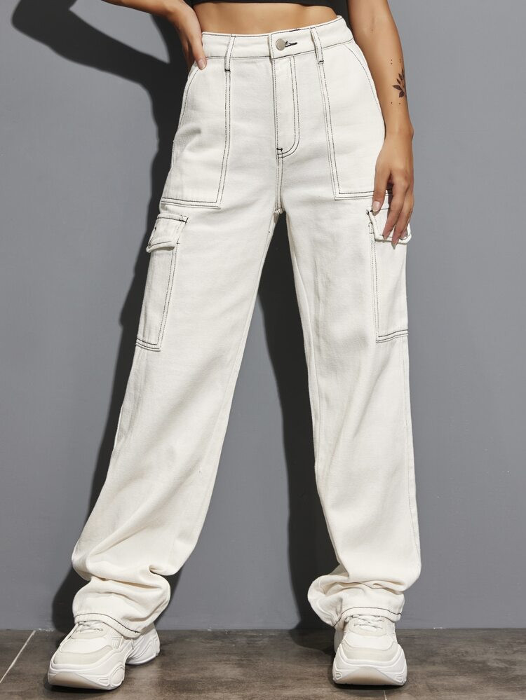High Waisted Stitch Detail Cargo Jeans | SHEIN