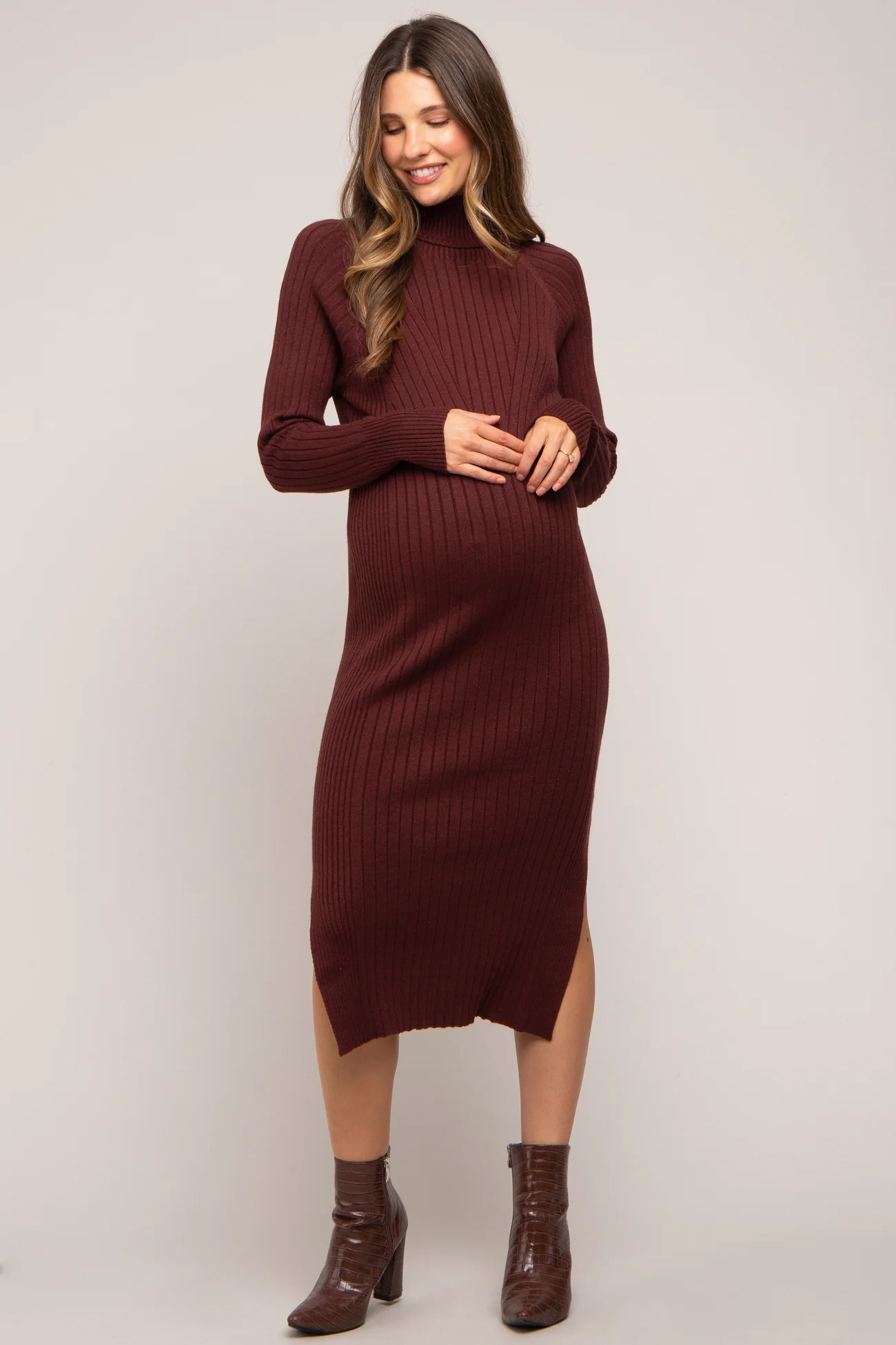 Brown Long Sleeve Turtleneck Maternity Sweater Dress | PinkBlush Maternity