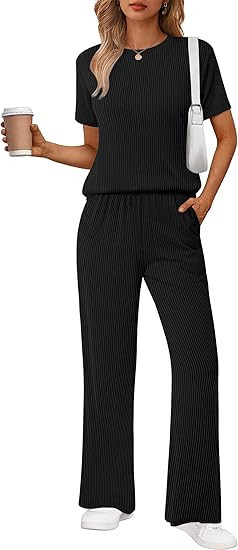Ekouaer Lounge Sets for Women 2 Piece Matching Travel Outfits 2026 Loose Short Sleeve Top Wide Le... | Amazon (US)