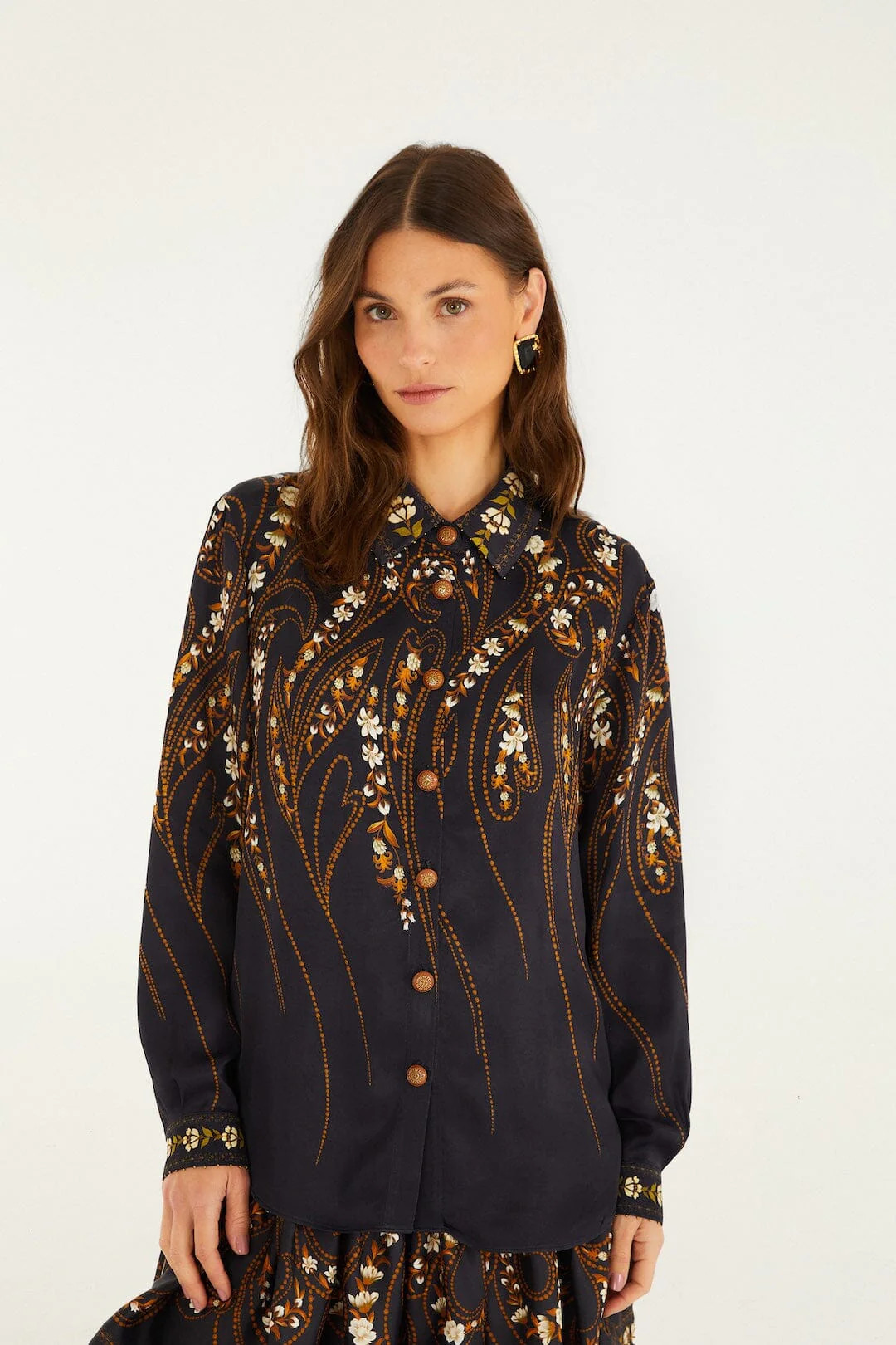 Black Garden Printed Buttons Lenzing Ecovero Viscose Shirt, GARDEN SILHOUETTE BLACK / XS | FarmRio (US)