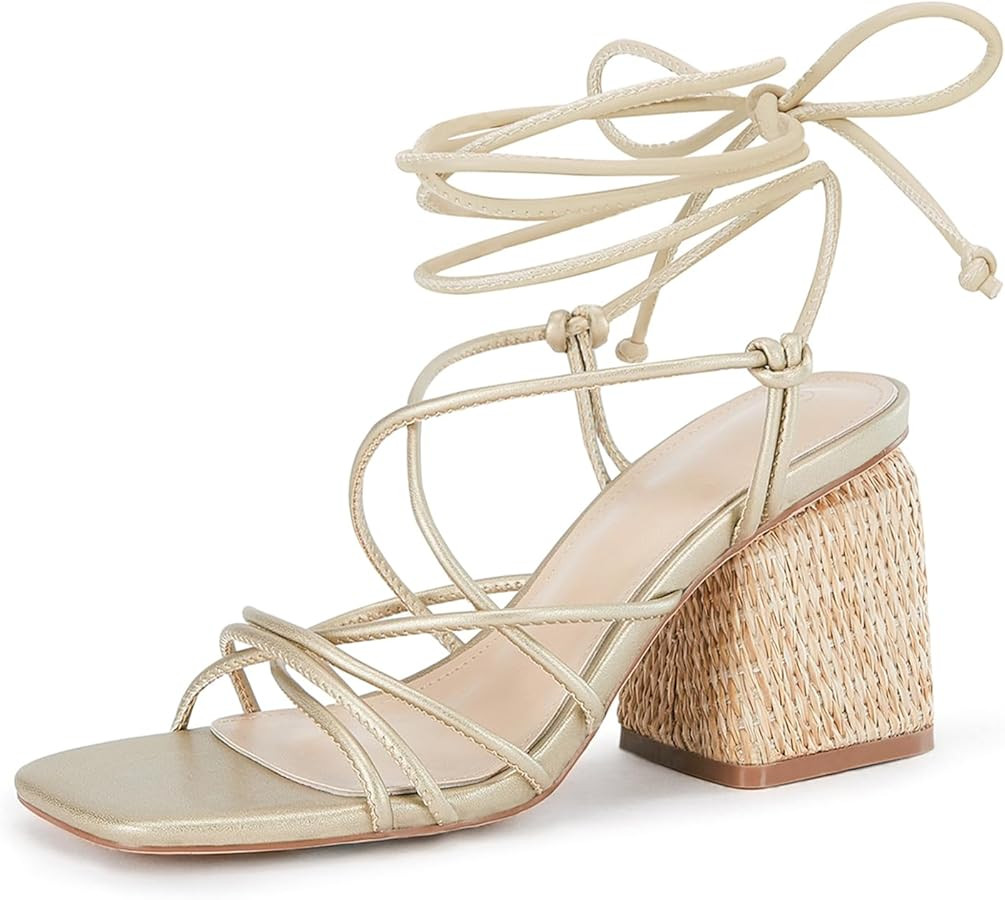 PiePieBuy Women's Lace Up Chunky Braided Heel Sandals Square Toe Strappy Ankle Strap Heels | Amazon (US)
