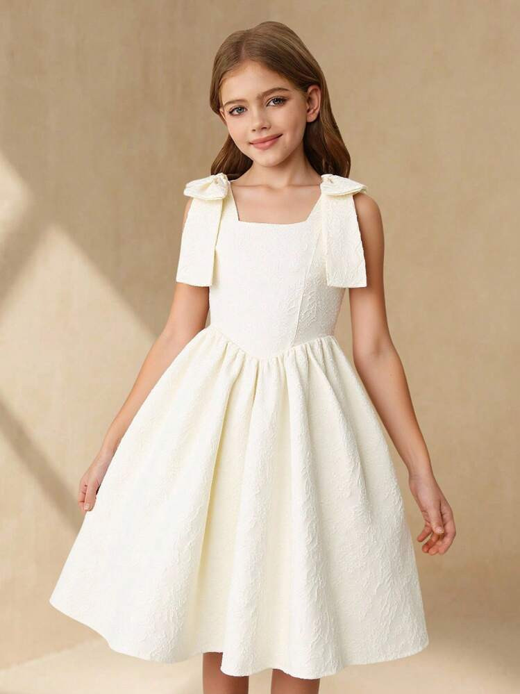 SHEIN Girls Elegant Floral Jacquard Cami Dress With Detachable Bowknot | SHEIN