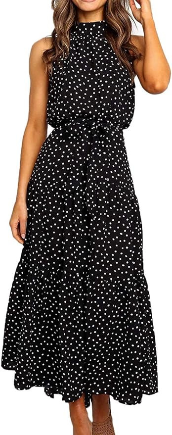 Tkria Womens Halter Floral Maxi Dress Boho Sleeveless Beach Long Dress with Belt | Amazon (US)