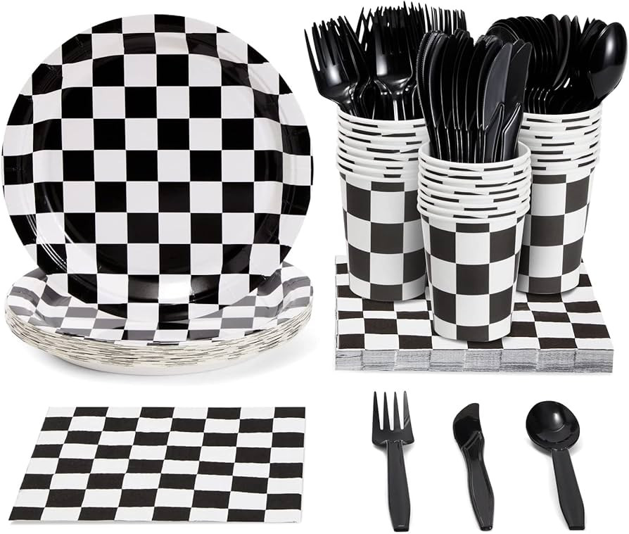 Juvale 144 Piece Race Car Birthday Party Supplies with Checkered Flag Plates, Napkins, Cups, and ... | Amazon (US)