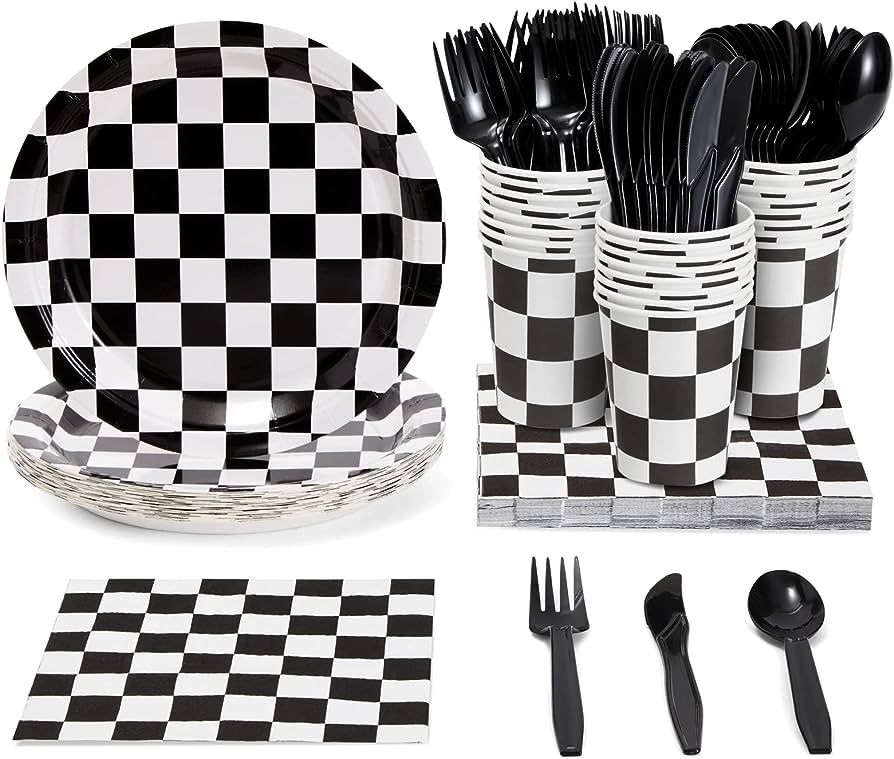 Juvale 144 Piece Race Car Birthday Party Supplies with Checkered Flag Plates, Napkins, Cups, and ... | Amazon (US)