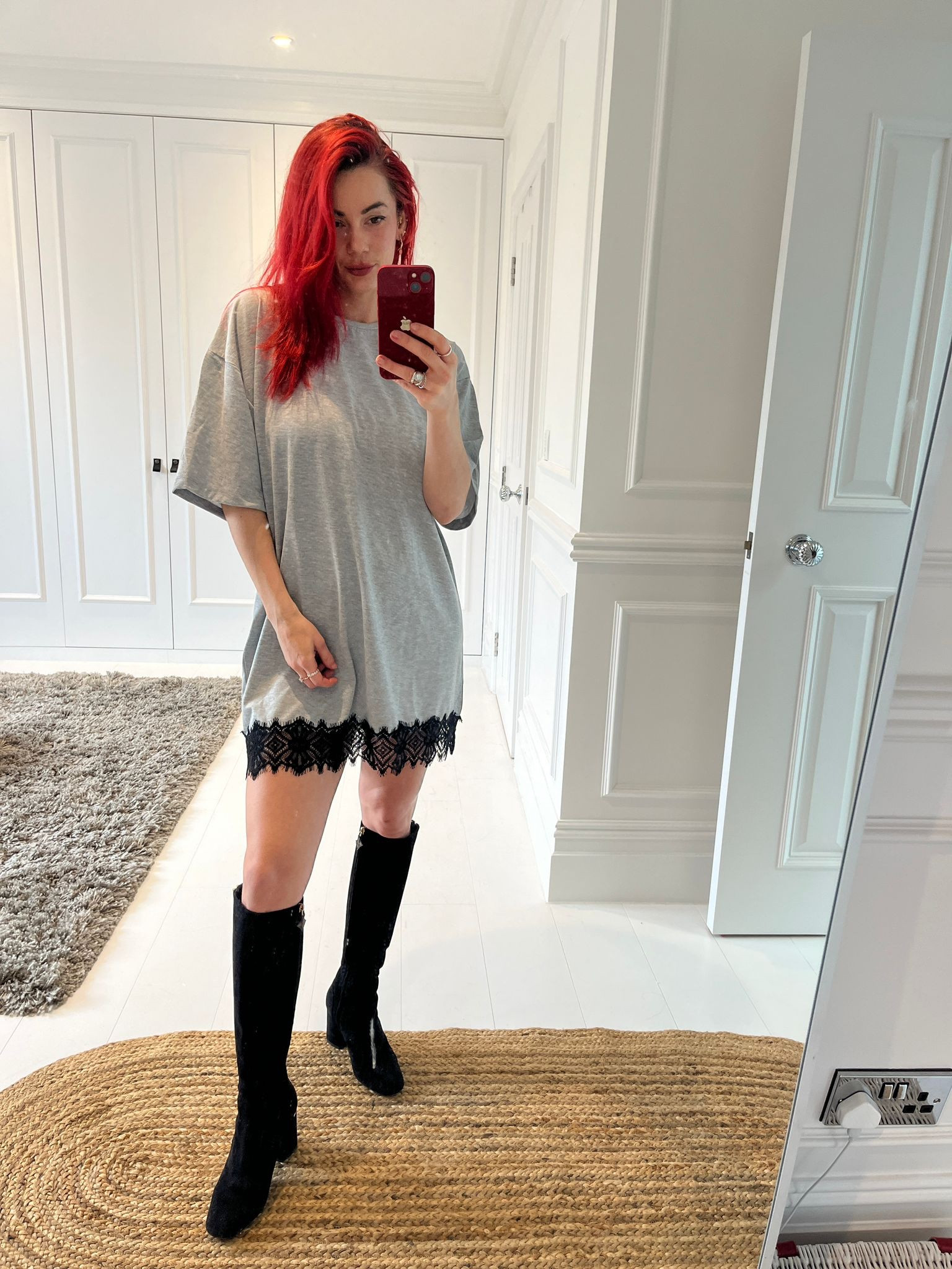 Grey t-shirt dress, lace trim t-shirt dress, suede knee high boots, knee high boots 

#LTKeurope #LTKfindsunder50 #LTKSeasonal
