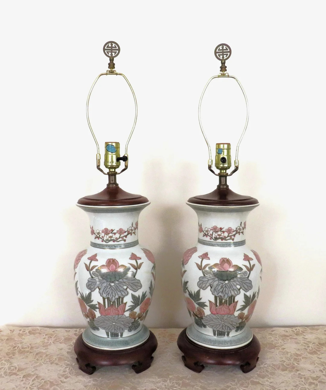Pair of Vintage Chinese Celadon Table Lamps Lotus Flowers Chinoiserie Asian - Etsy | Etsy (US)