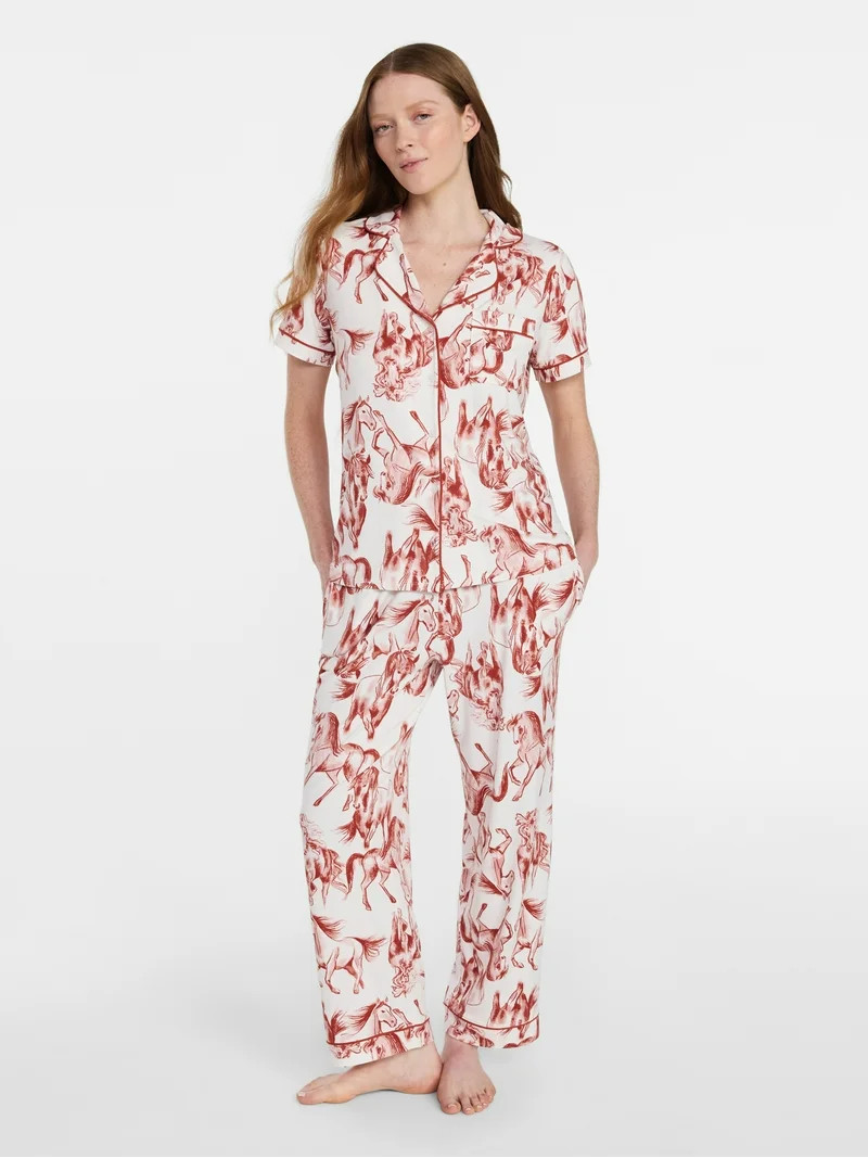 Joyspun Women's Dreamy Soft Collection Notch Knit Top and Capri Pants Pajama Set, 2-Piece, Sizes ... | Walmart (US)