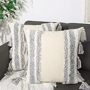 ANGELLOONG Gray and White Throw Pillow Covers 18x18, Woven Tufted Pillow Cover with Tassels, Deco... | Amazon (US)