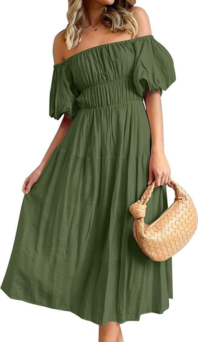 ZESICA Women's 2023 Sexy Boho Off Shoulder Puff Short Sleeve High Waist Ruffled Flowy A Line Beac... | Amazon (US)