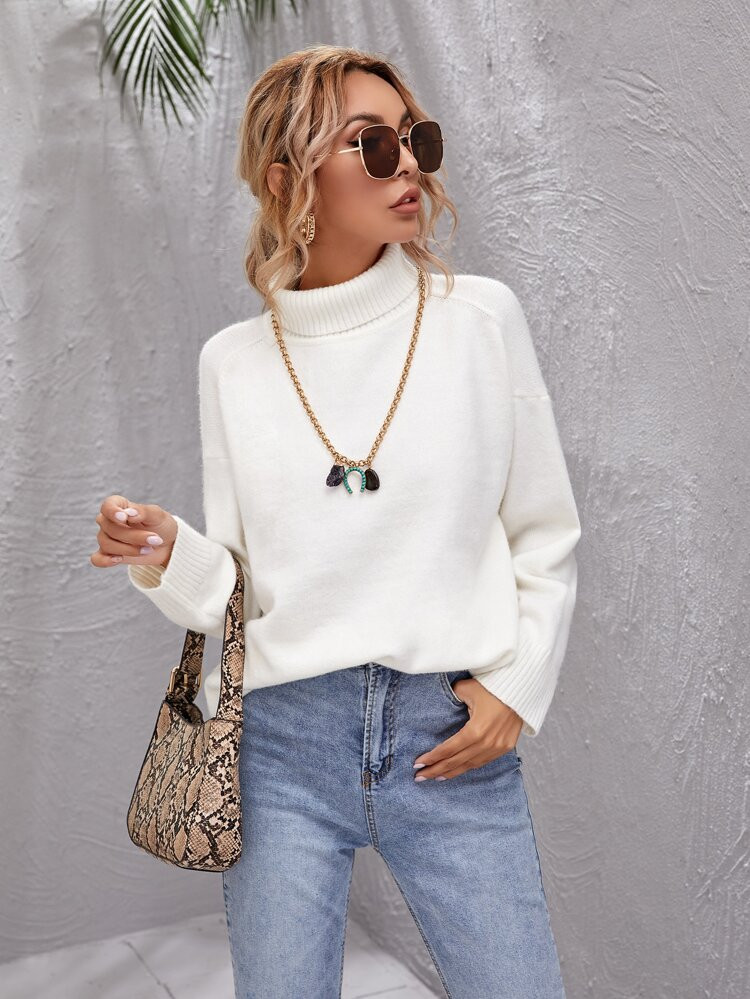 SHEIN Rolled Neck Drop Shoulder Sweater | SHEIN