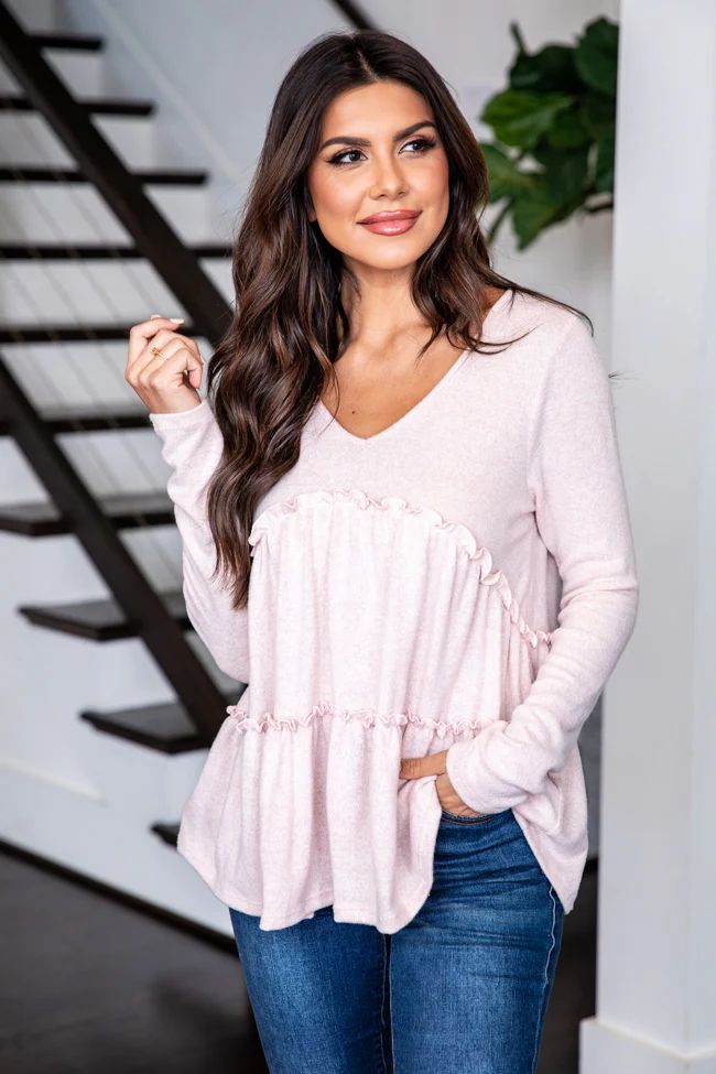 Stay Here Blush Tiered Brush Knit Blouse | Pink Lily