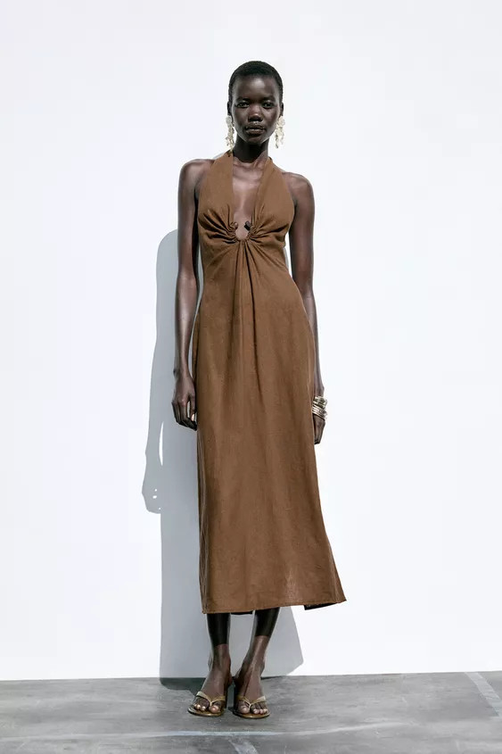 LINEN BUCKLE MIDI DRESS | Zara US