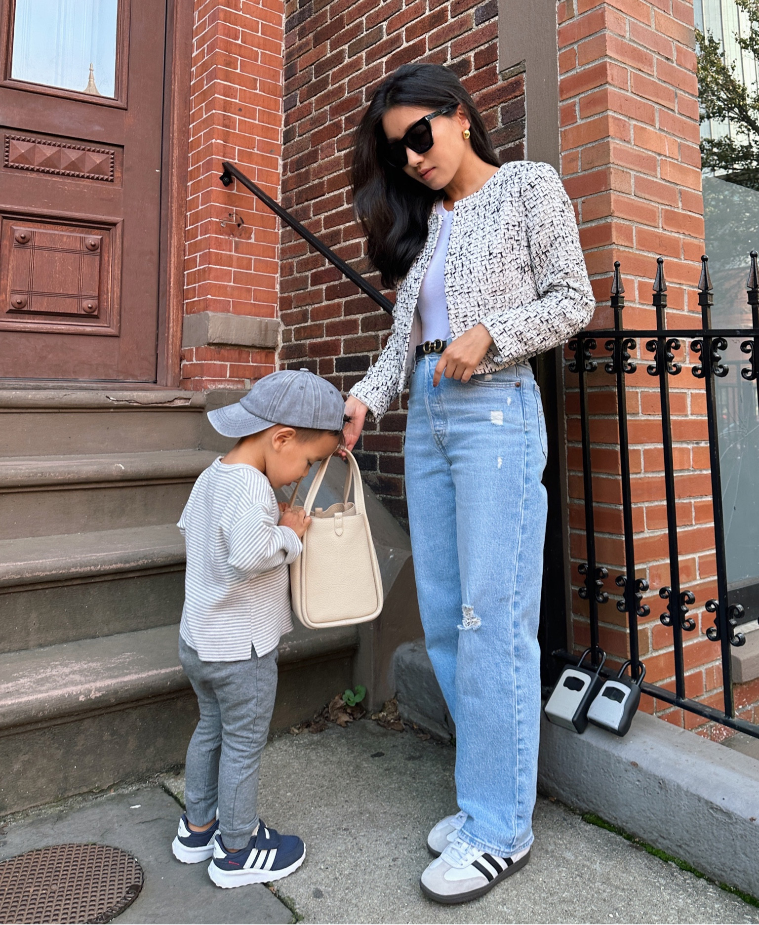 Casual fall weekend outfit. 
• adidas samba sneakers. Men’s size 4.5 fits like a women’s 5.5 to 6. Mens 4 fits like a women’s 5 to 5.5 

• edited pieces mini belt xxs, sold on editedpieces.com

• Levi ribcage super high rise jeans - currently I am size 24 waist x 27 length in these jeans.  Linked the most simialr wash currently stocked.

 Absolutely love the length of the 27 length and how well it works on me with sneakers (I’m 5 feet tall).

• express crop tweed jacket 00 petite, sold out. Linked similar.

• amazon bodysuit Xs. So soft and comfy , great basic

• ysl sunglasses 

• Songmont bag not linkable 

All of Rio’s Fall toddler staples are linked on Amazon.com/extrapetite/shop under “boys”

#LTKshoecrush #LTKfindsunder100 #LTKSeasonal